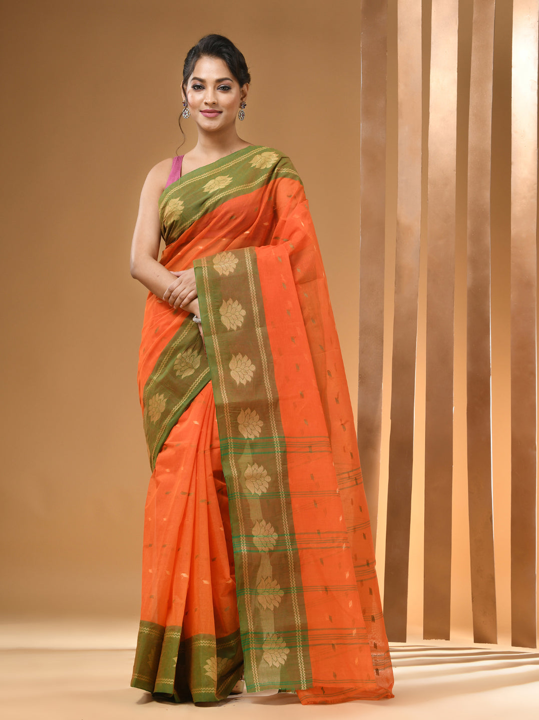 Orange Pure Cotton Tant Saree With Woven Designs