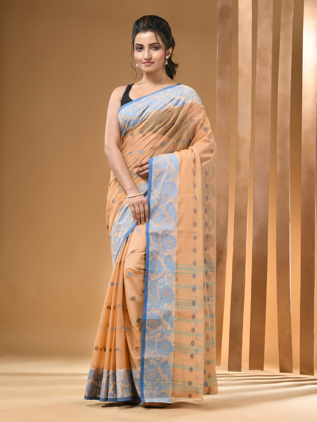 Beige Pure Cotton Tant Saree With Woven Designs