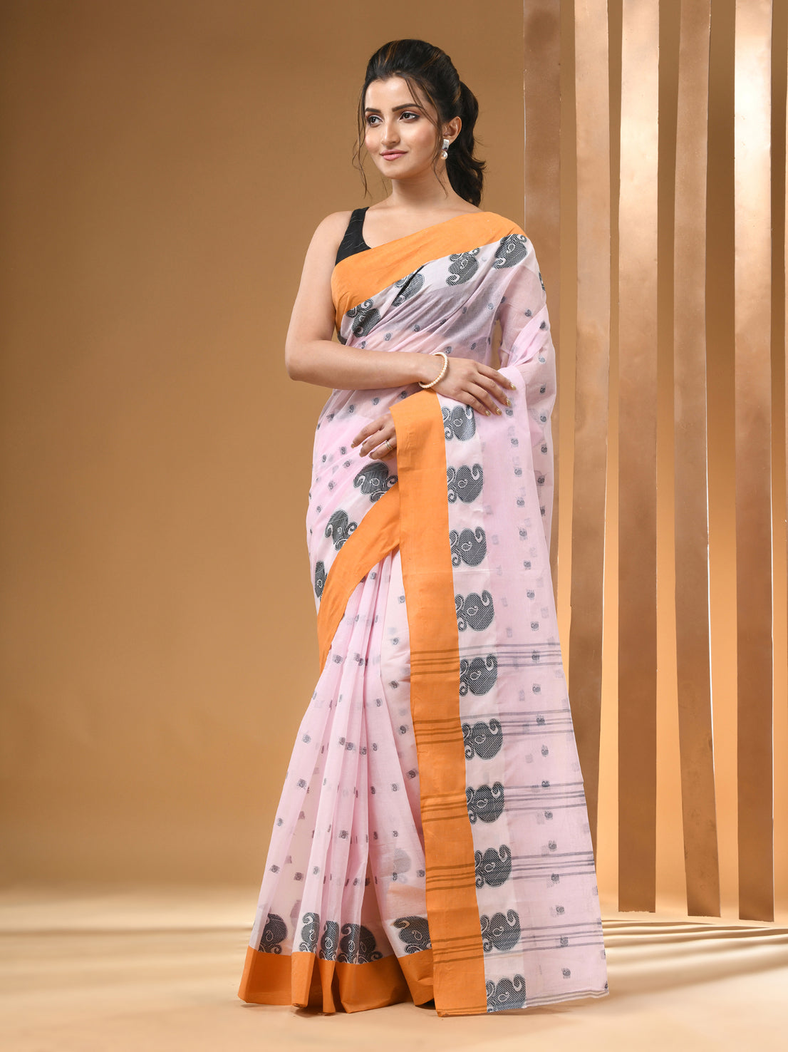 Baby Pink Pure Cotton Tant Saree With Woven Designs