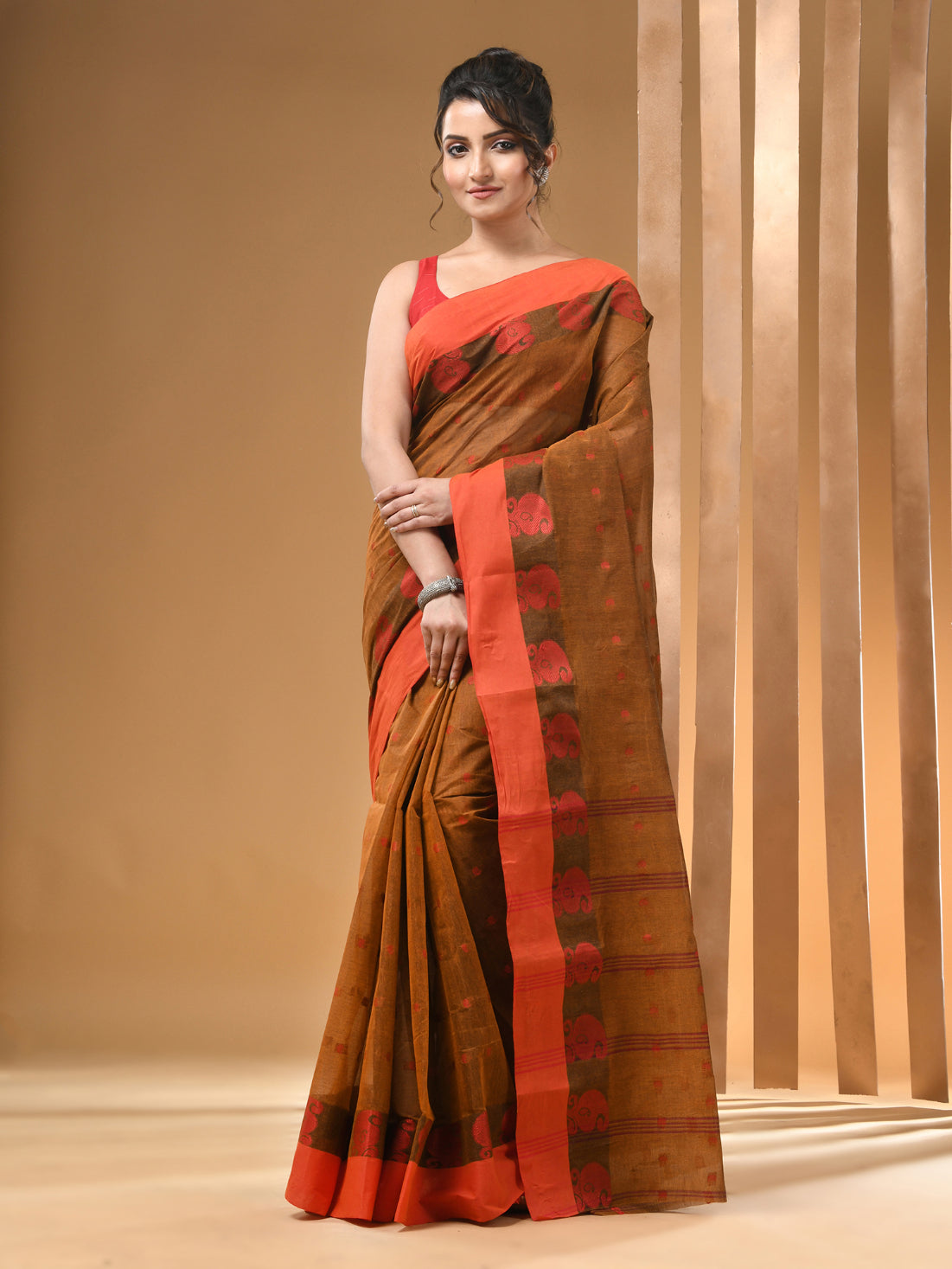 Brown Pure Cotton Tant Saree With Woven Designs
