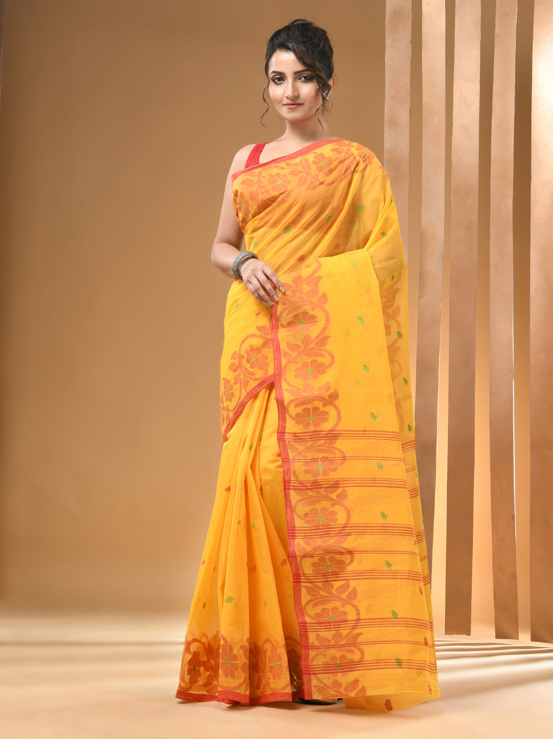 Yellow Pure Cotton Tant Saree With Woven Designs