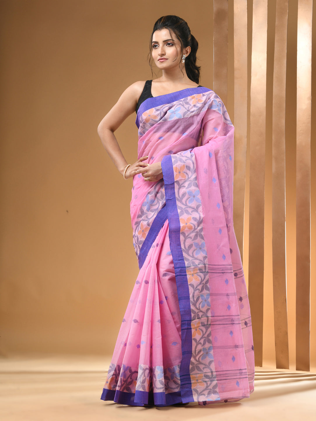Bubblegum Pink Pure Cotton Tant Saree With Woven Designs