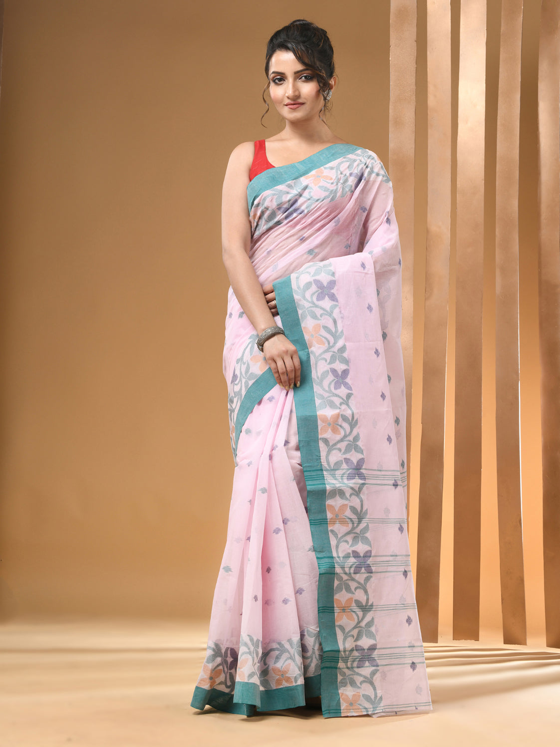 Light Pink Pure Cotton Tant Saree With Woven Designs