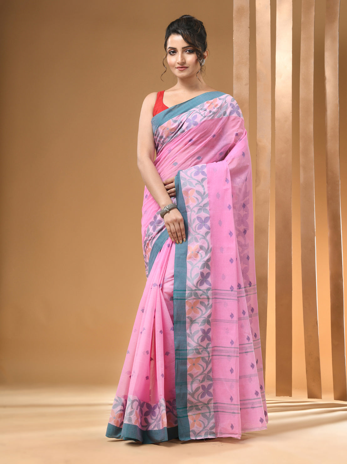 Bubblegum Pink Pure Cotton Tant Saree With Woven Designs