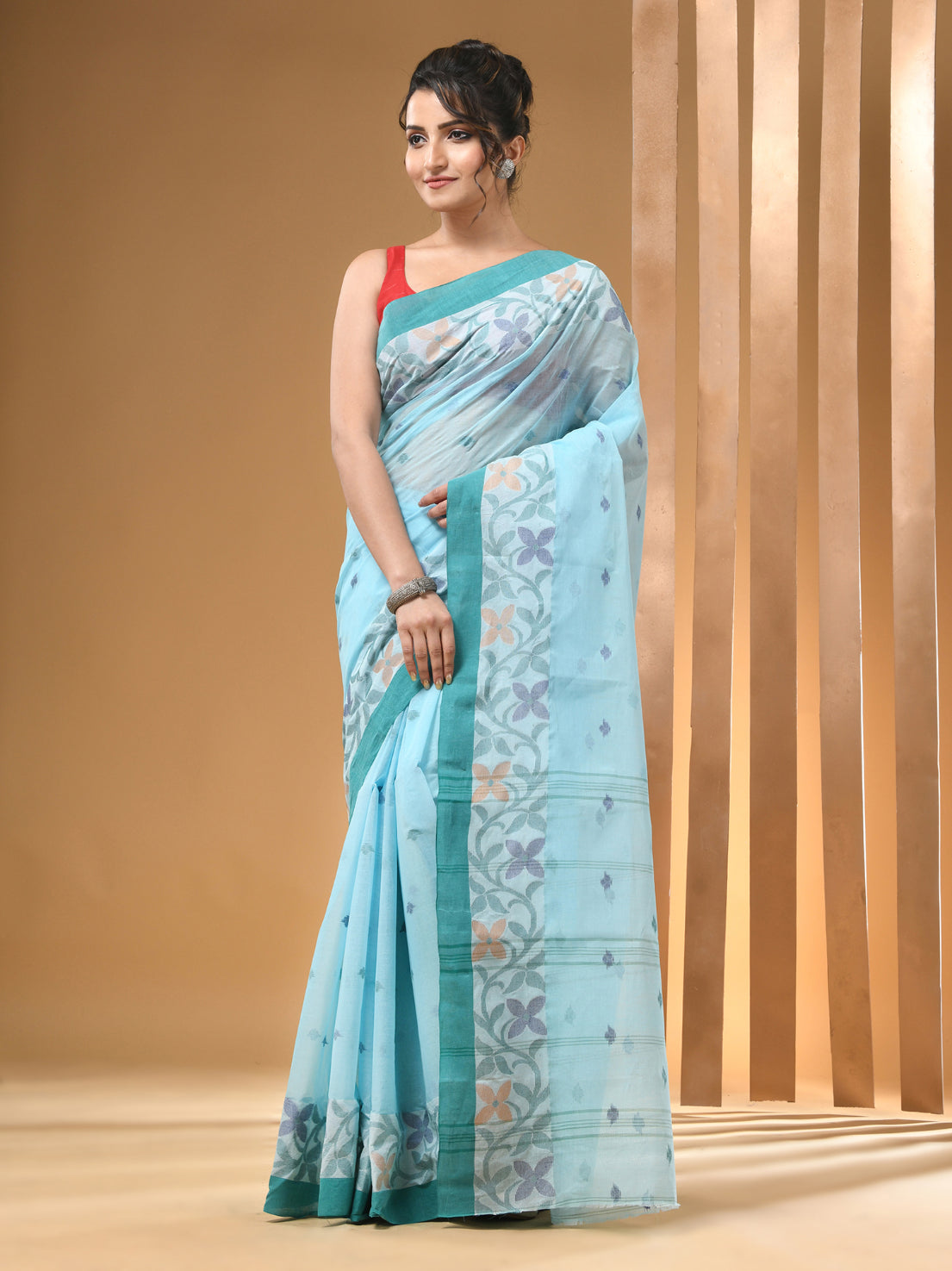 Baby Blue Pure Cotton Tant Saree With Woven Designs