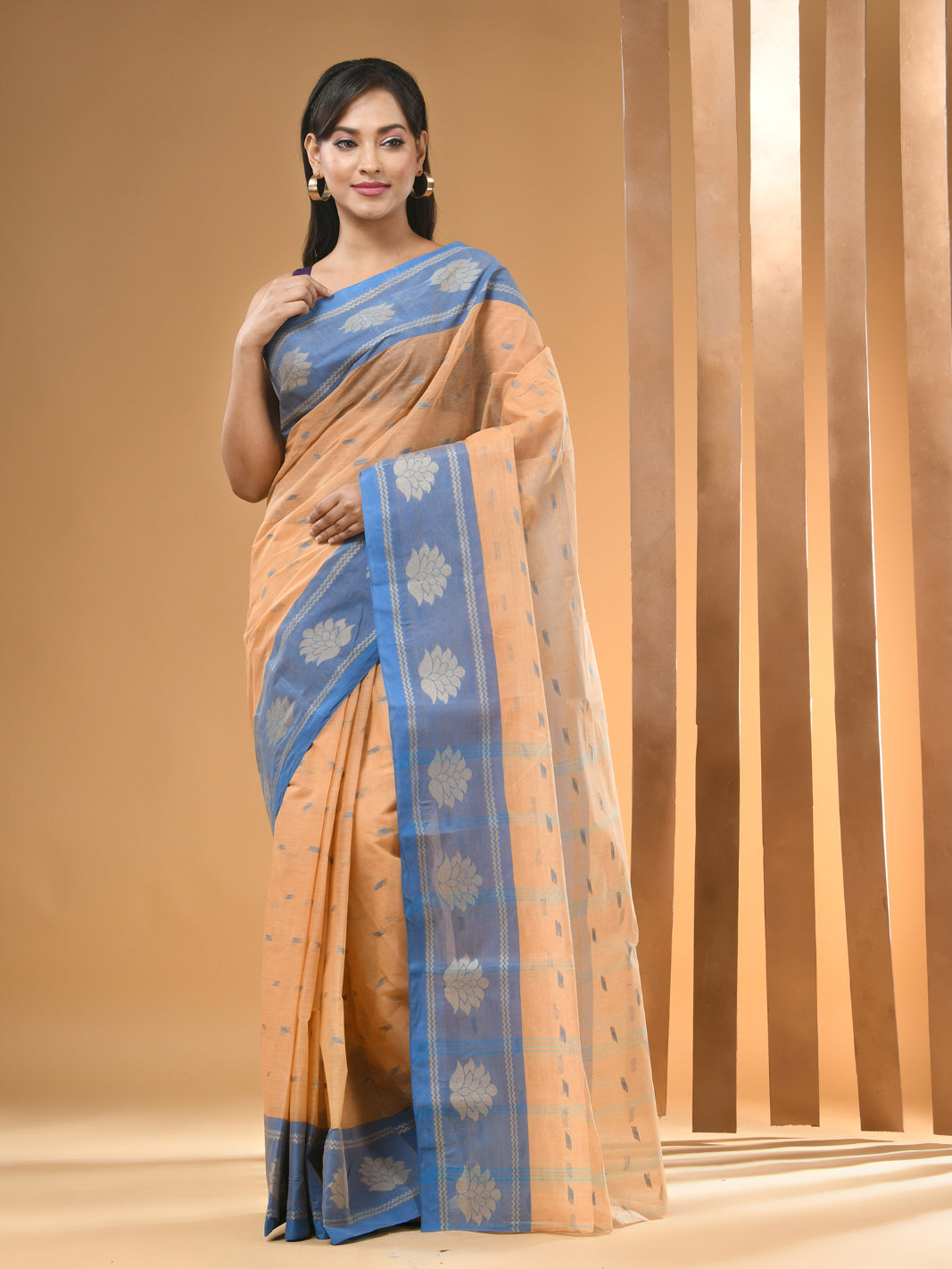 Beige Pure Cotton Tant Saree With Woven Designs
