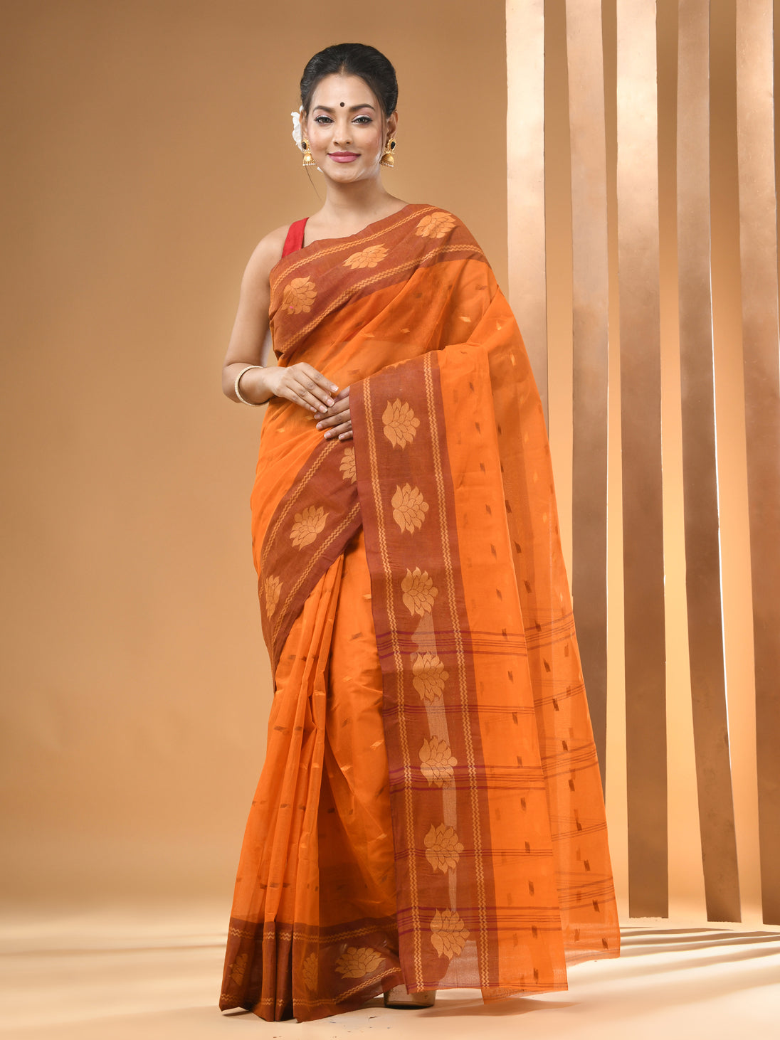 Light Orange Pure Cotton Tant Saree With Woven Designs