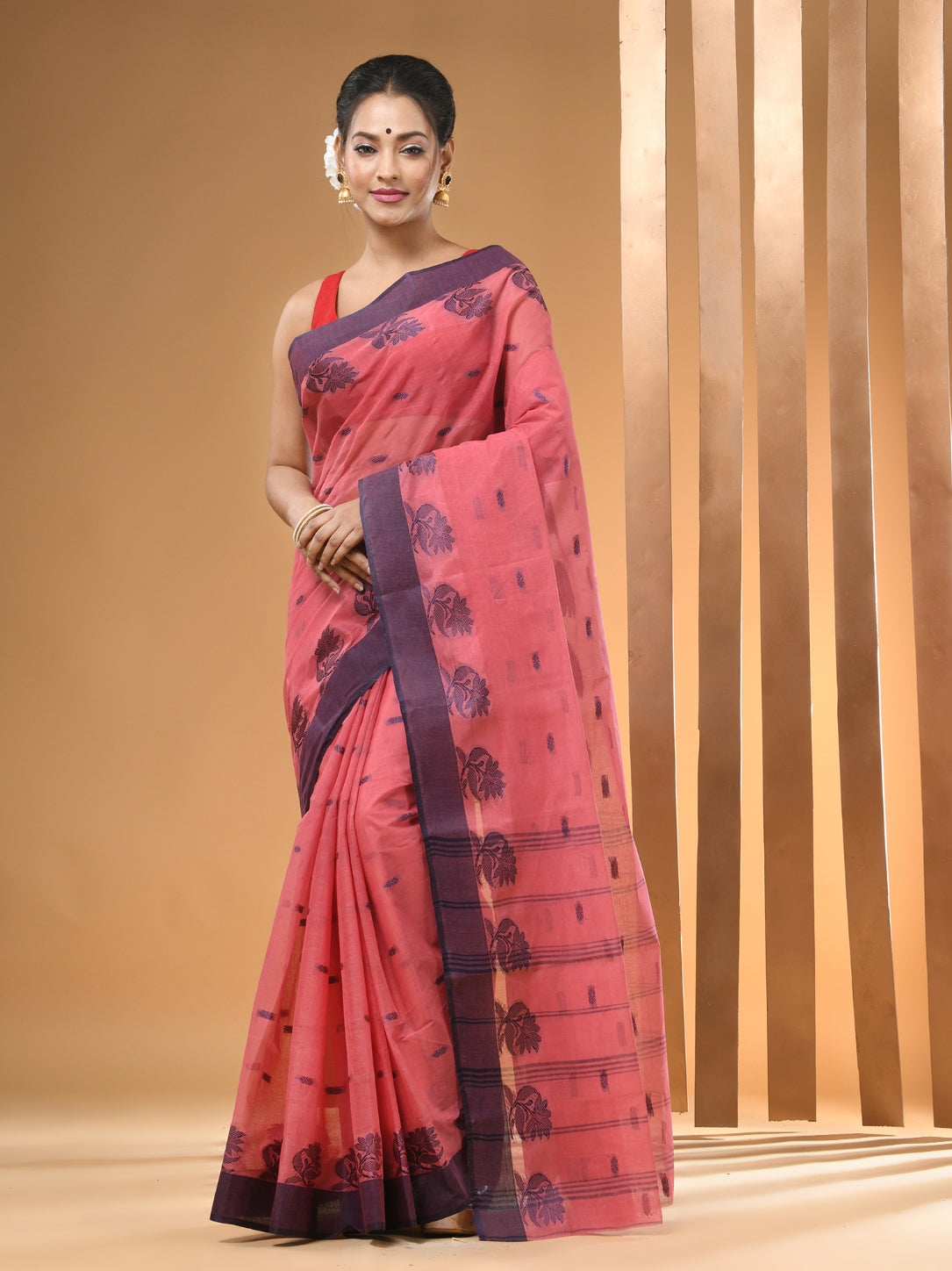 Flamingo Pink Pure Cotton Tant Saree With Woven Designs