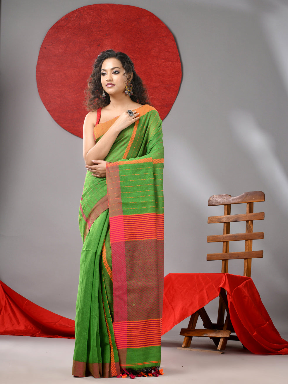 Parrot Green Cotton Soft Saree With Kantha Style