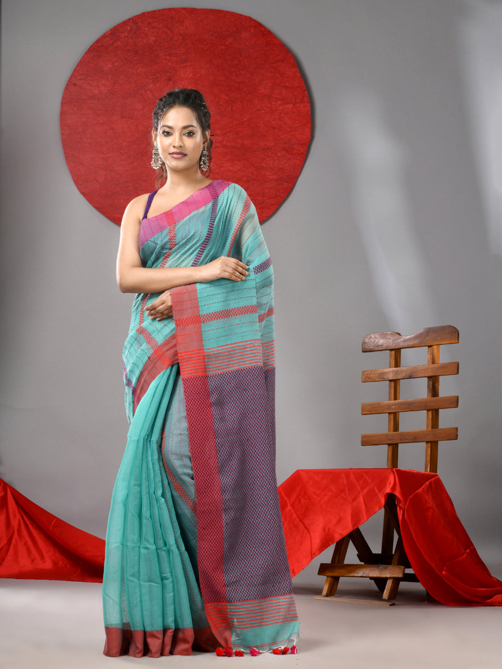 Sea Green Cotton Blend Soft Saree With Kantha Style