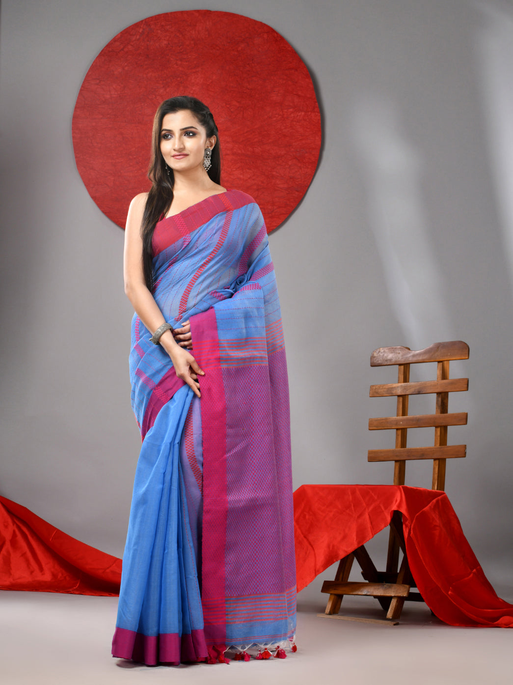 Sky Blue Cotton Blend Soft Saree With Kantha Style