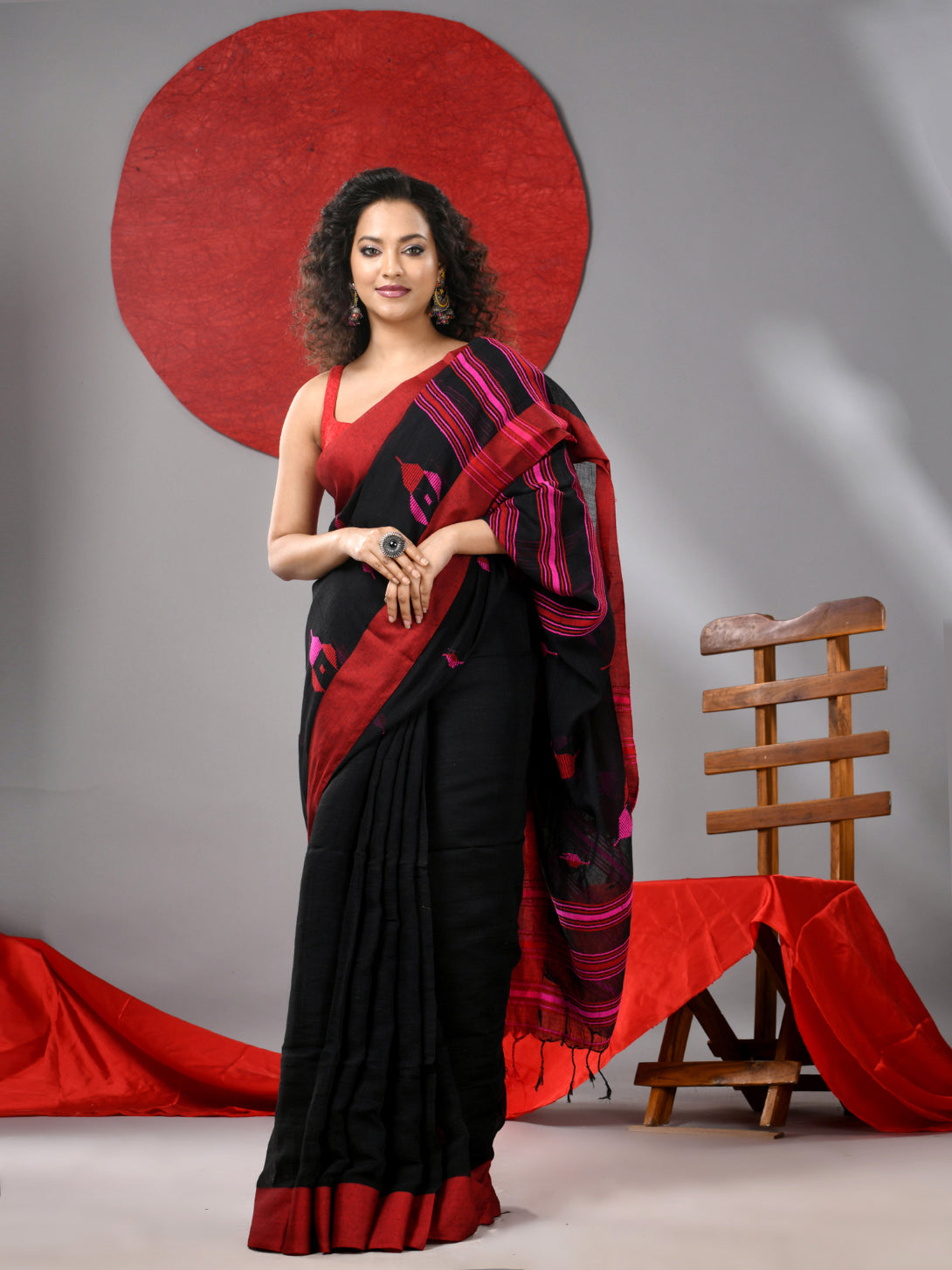 Black Cotton Handspun Saree With Woven Designs