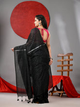 Load image into Gallery viewer, Black Cotton Soft Saree With Stripes Designs
