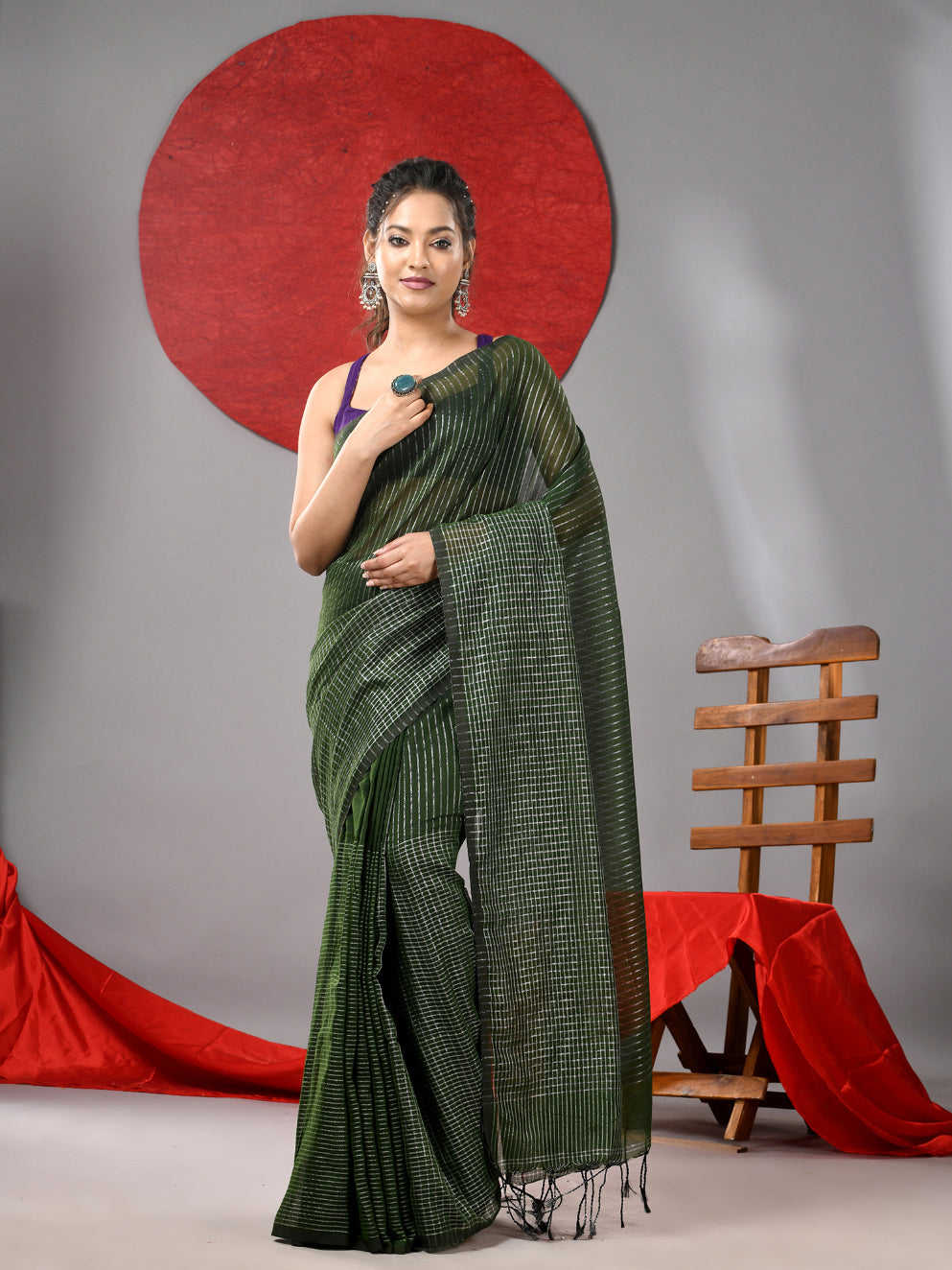 Green Cotton Soft saree With Check Designs