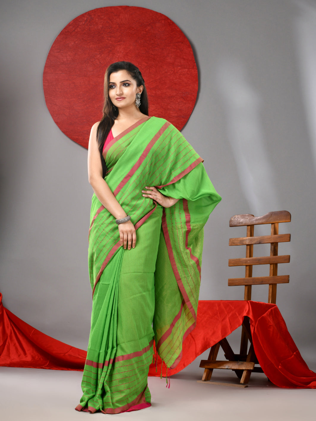 Parrot Green Cotton Soft Saree With Checked Box Border