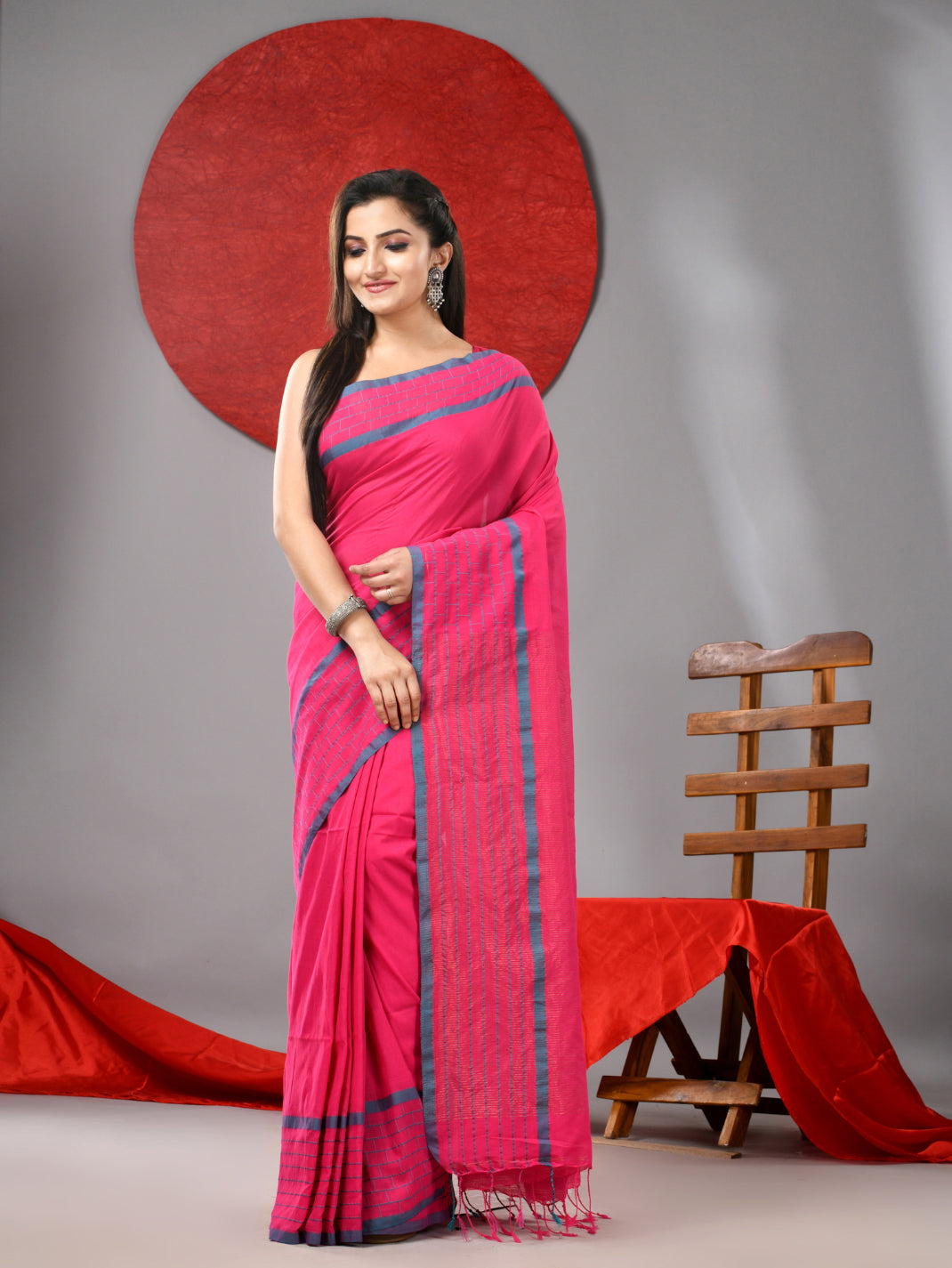 Pink Cotton Soft Saree With Checked Box Border