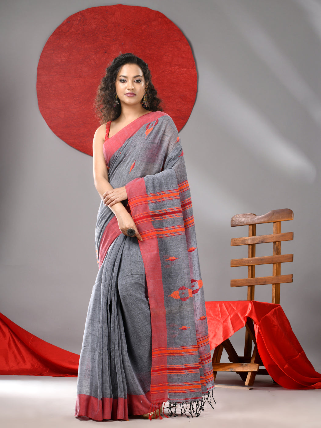 Grey Linen Saree With Woven Designs