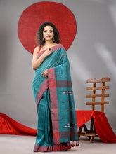 Load image into Gallery viewer, Teal Linen Saree With Woven Designs
