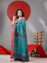 Load image into Gallery viewer, Teal Linen Saree With Woven Designs
