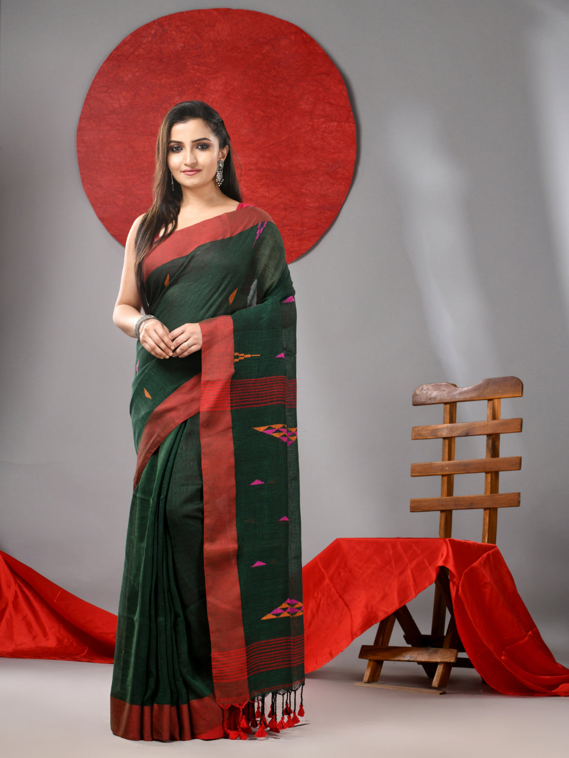 Green Linen Soft Saree With Woven Designs