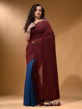 Load image into Gallery viewer, Maroon And Sapphire Blue Half N Half Cotton Handspun Soft Saree With Pompom
