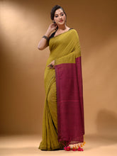 Load image into Gallery viewer, Corn Yellow Cotton Handspun Soft Saree With Contrast Magenta Pallu
