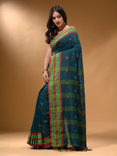 Load image into Gallery viewer, Teal Cotton Handspun Soft Saree With Nakshi Border
