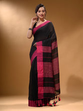 Load image into Gallery viewer, Black Cotton Handspun Soft Saree With Pompom
