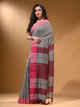 Load image into Gallery viewer, Grey Cotton Handspun Soft Saree With Pompom
