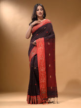Load image into Gallery viewer, Brown Cotton Handspun Soft Saree With Nakshi Border And Contrast With Red Pallu
