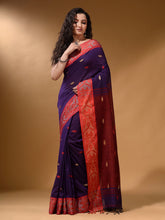 Load image into Gallery viewer, Purple Cotton Handspun Soft Saree With Nakshi Border And Contrast With Red Pallu
