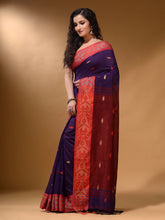 Load image into Gallery viewer, Purple Cotton Handspun Soft Saree With Nakshi Border And Contrast With Red Pallu
