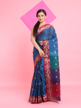 Load image into Gallery viewer, Sapphire Blue Cotton Soft Saree With Floral Motifs
