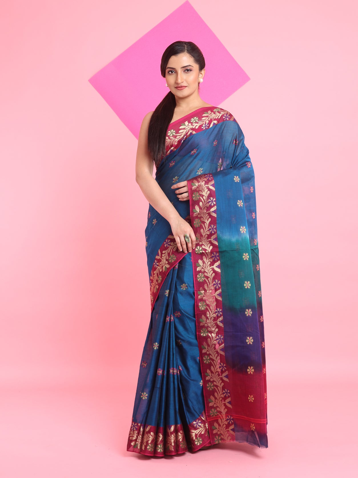 Sapphire Blue Cotton Soft Saree With Floral Motifs