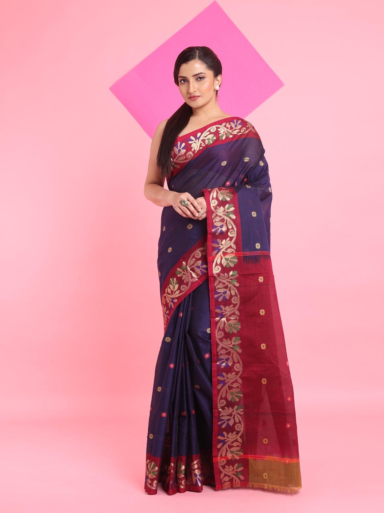 Blue Cotton Soft Saree With Floral Motifs