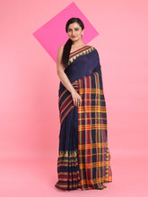 Load image into Gallery viewer, Navy Blue Cotton Handspun Saree With Temple Borders
