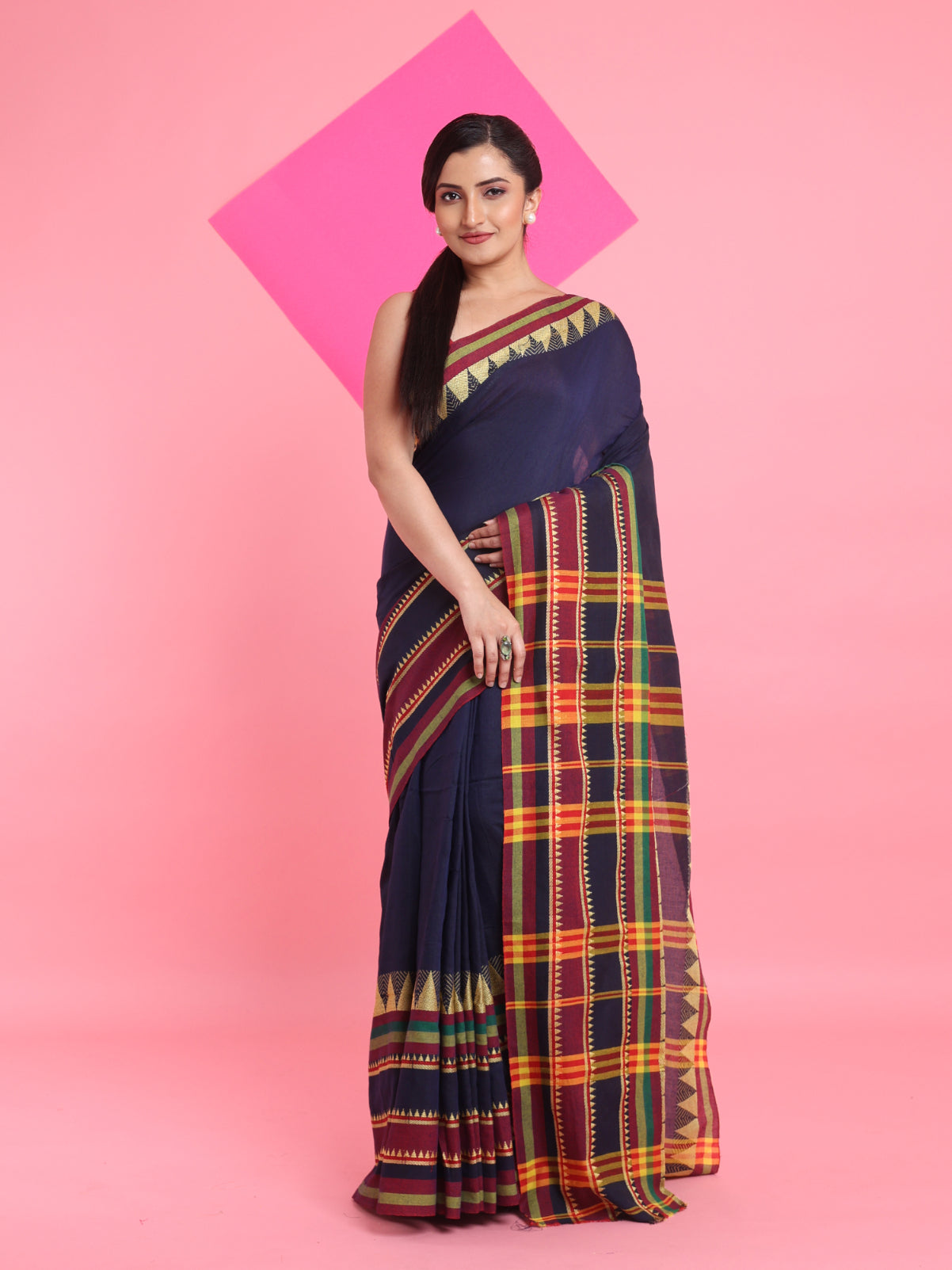 Navy Blue Cotton Handspun Saree With Temple Borders