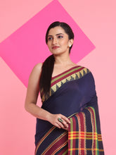 Load image into Gallery viewer, Navy Blue Cotton Handspun Saree With Temple Borders
