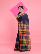 Load image into Gallery viewer, Navy Blue Cotton Handspun Saree With Temple Borders
