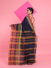 Load image into Gallery viewer, Navy Blue Cotton Handspun Saree With Temple Borders
