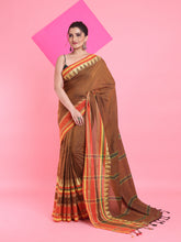 Load image into Gallery viewer, Ochre Yellow Cotton Handspun Saree With Temple Borders
