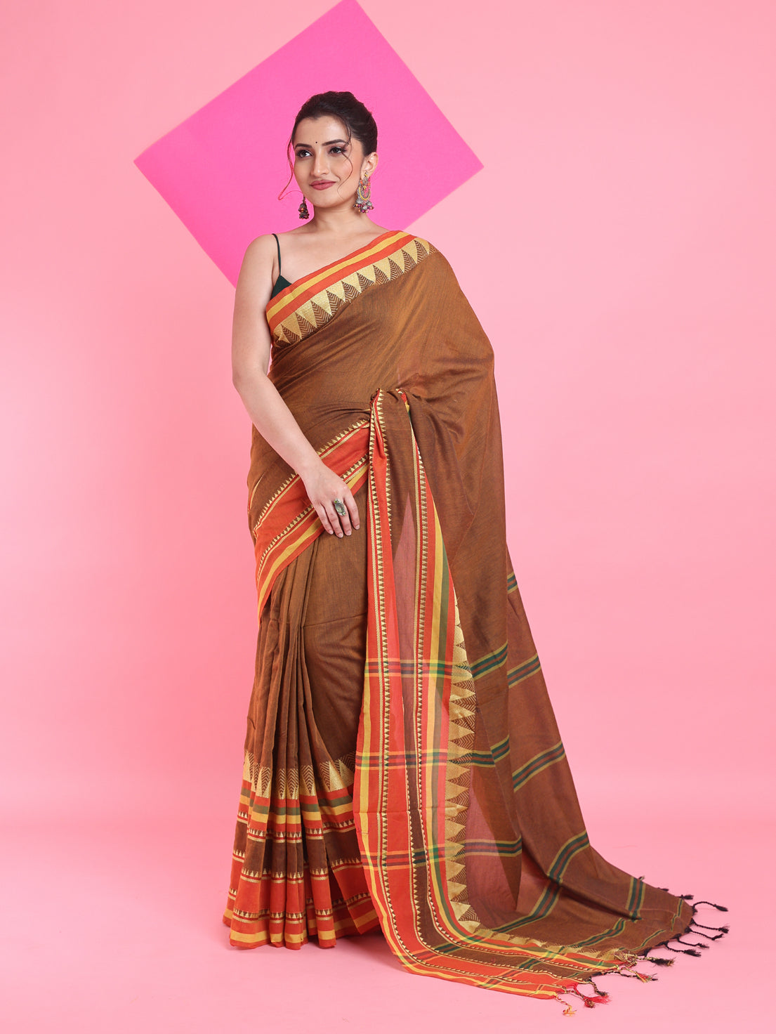 Ochre Yellow Cotton Handspun Saree With Temple Borders