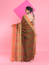 Load image into Gallery viewer, Ochre Yellow Cotton Handspun Saree With Temple Borders
