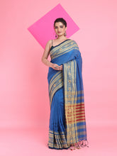 Load image into Gallery viewer, Sapphire Blue Cotton Handspun Saree With Nakshi Borders
