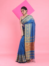 Load image into Gallery viewer, Sapphire Blue Cotton Handspun Saree With Nakshi Borders
