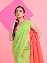 Load image into Gallery viewer, Parrot Green Cotton Handspun Soft Saree With Contrast Orange Pallu
