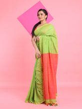 Load image into Gallery viewer, Parrot Green Cotton Handspun Soft Saree With Contrast Orange Pallu
