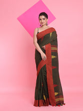 Load image into Gallery viewer, Seaweed Green Cotton Handspun Saree With Thread Work
