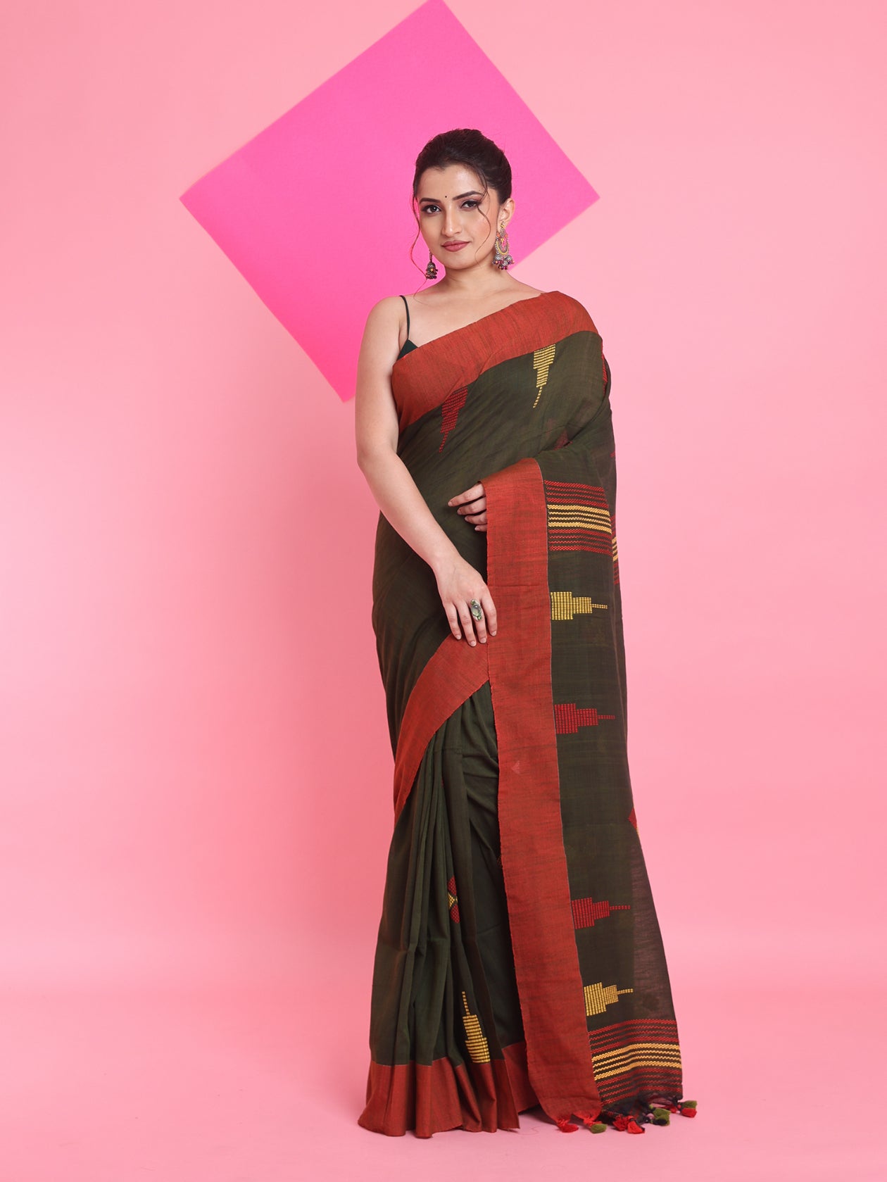 Seaweed Green Cotton Handspun Saree With Thread Work