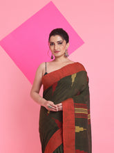 Load image into Gallery viewer, Seaweed Green Cotton Handspun Saree With Thread Work
